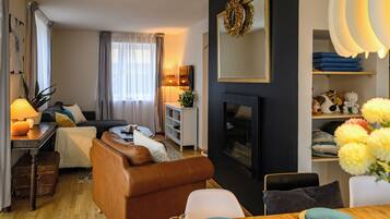 Smart TV, fireplace, books