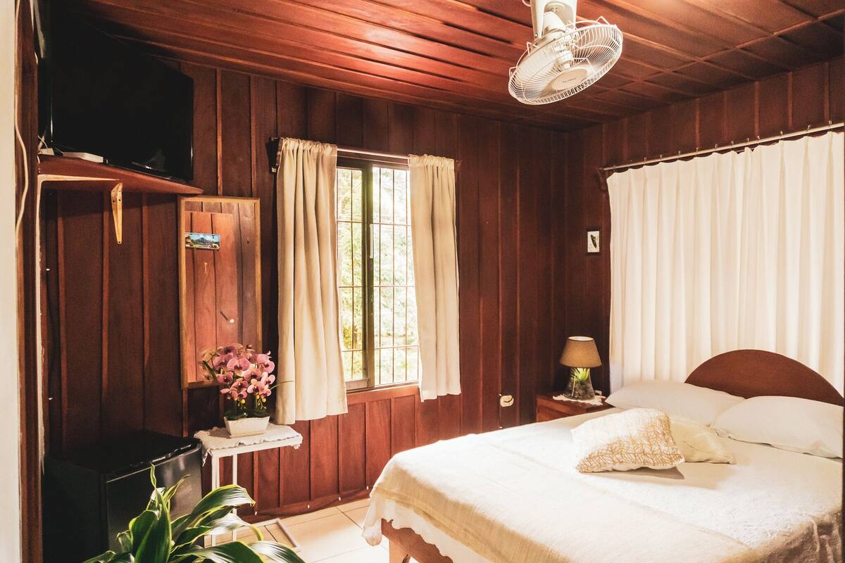 A wooden room with a bed, a TV, a fan, a window with curtains, and a small table with a lamp.