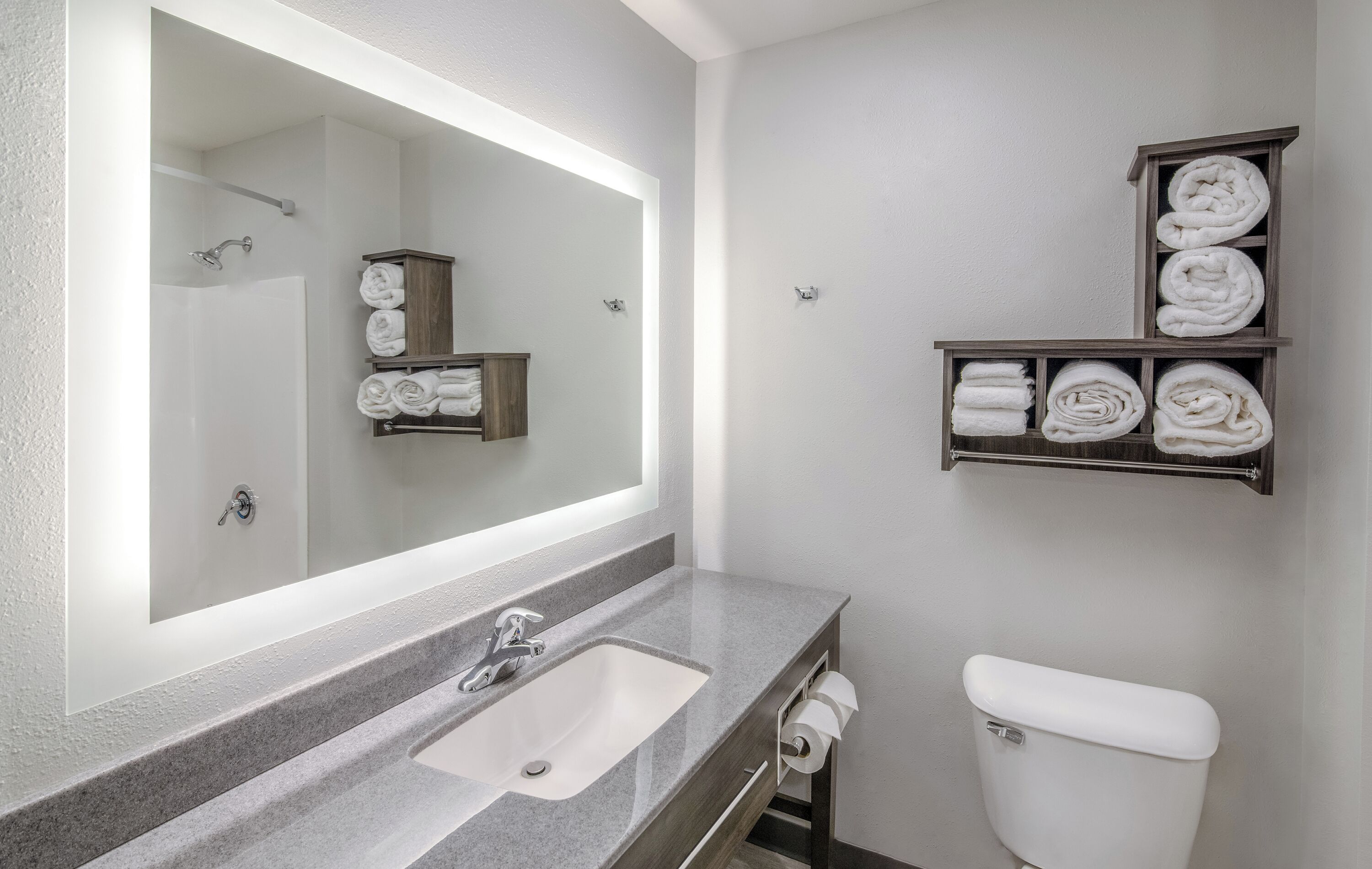 combined shower/bathtub, free toiletries, hair dryer, towels