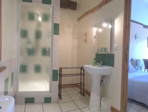 Hair dryer, towels, soap, toilet paper