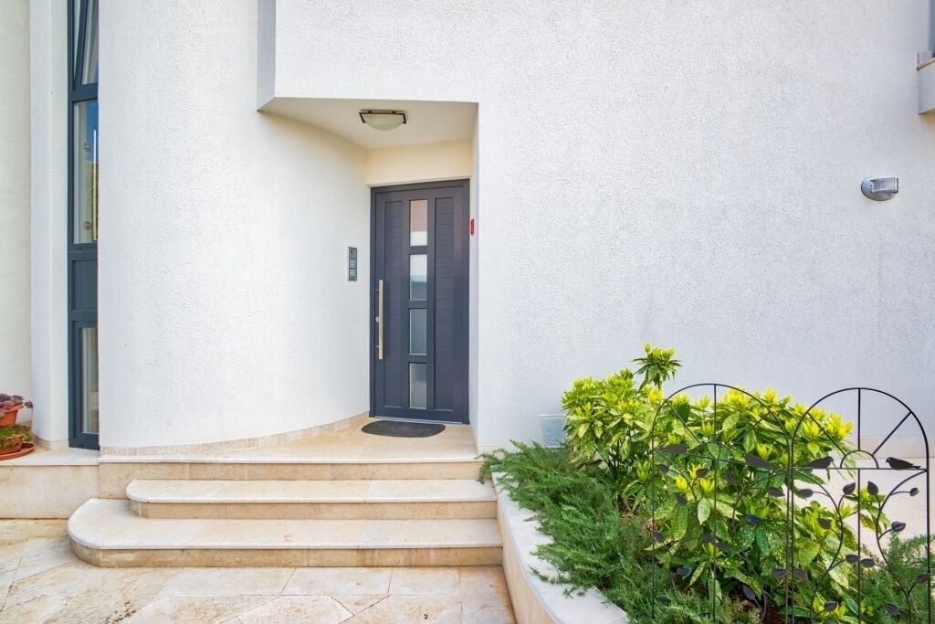 A modern building entrance with a dark door, a small set of steps, and a planter with green plants.
