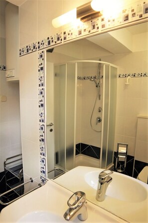 Shower, hair dryer, towels