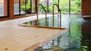 An indoor swimming pool with clear glass walls, wooden flooring, and a view of greenery outside. - Misasaonsen Kouraku (Misasa)