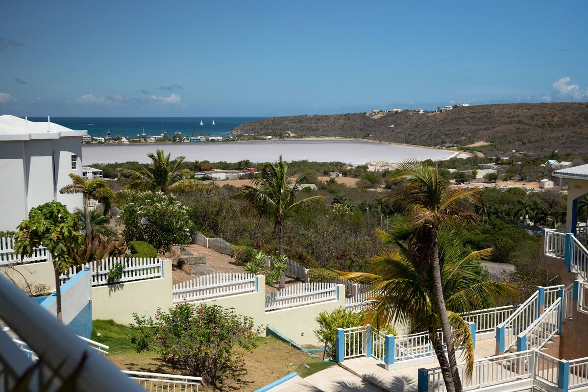 Vista costera con playa, palmeras y una cerca blanca.