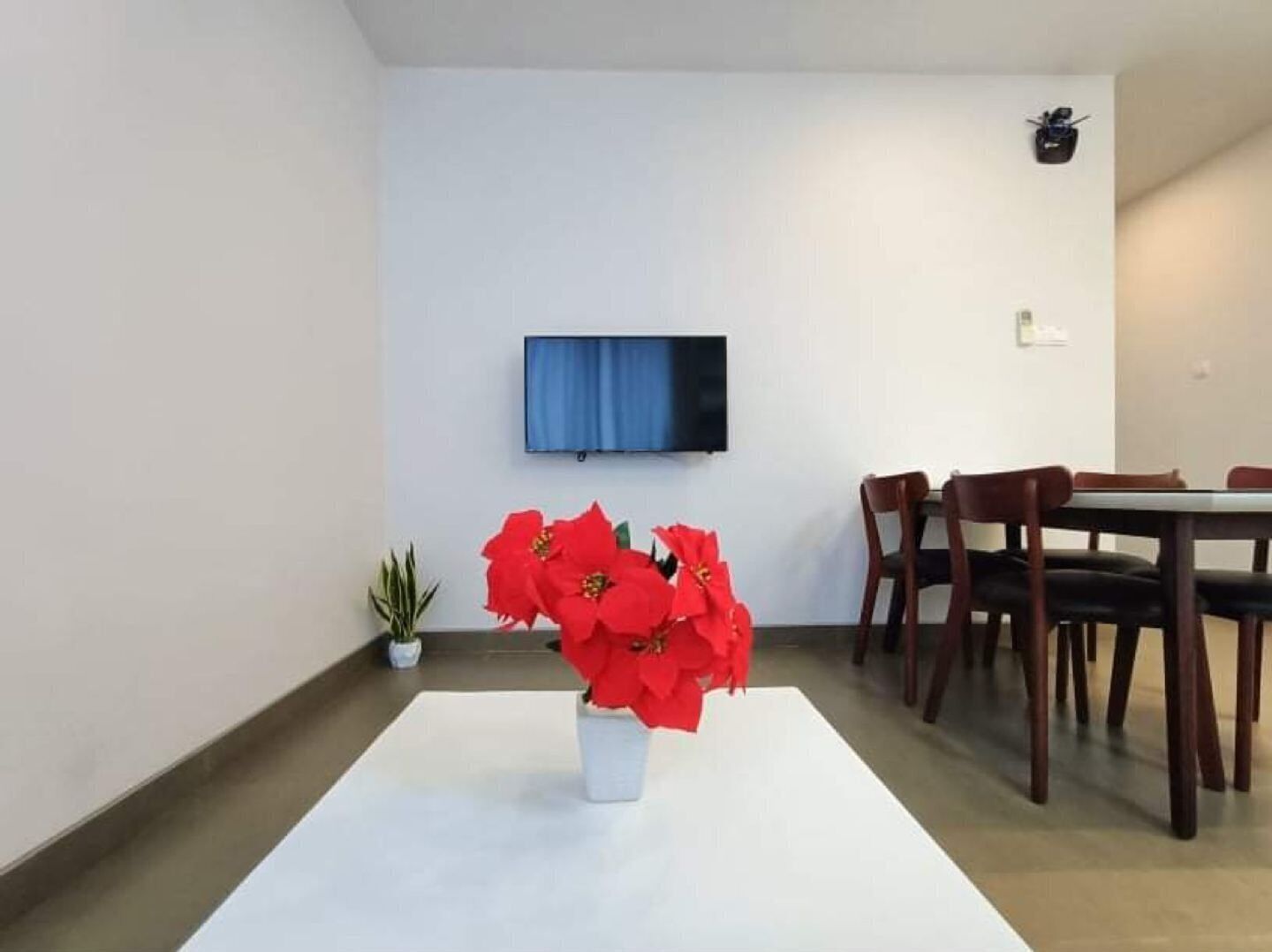 A dining area with a white table, red poinsettia flowers, a small potted plant, and a flat-screen TV mounted on the wall.