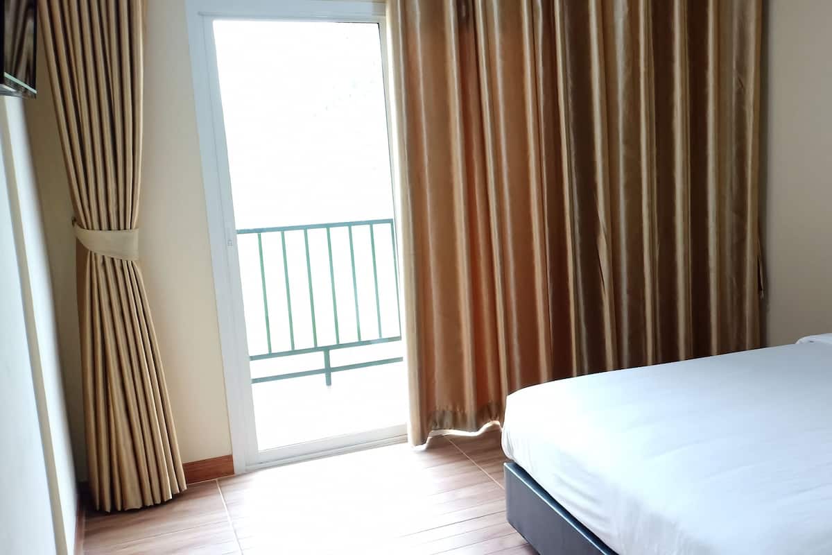 A hotel room with a bed, curtains, and a view through a window.