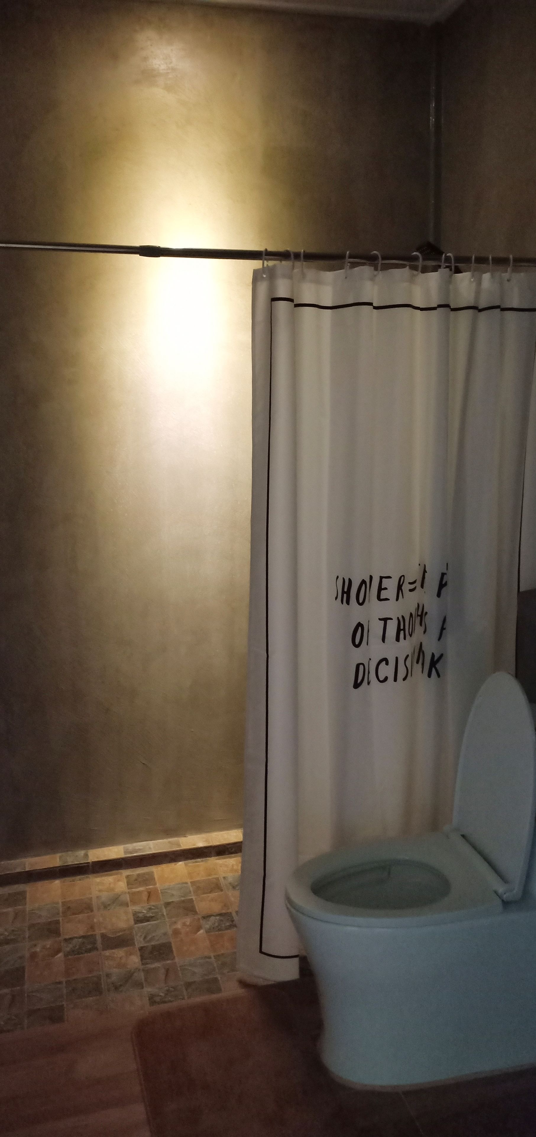 Une salle de bain avec des toilettes et un rideau de douche orné d’un texte.