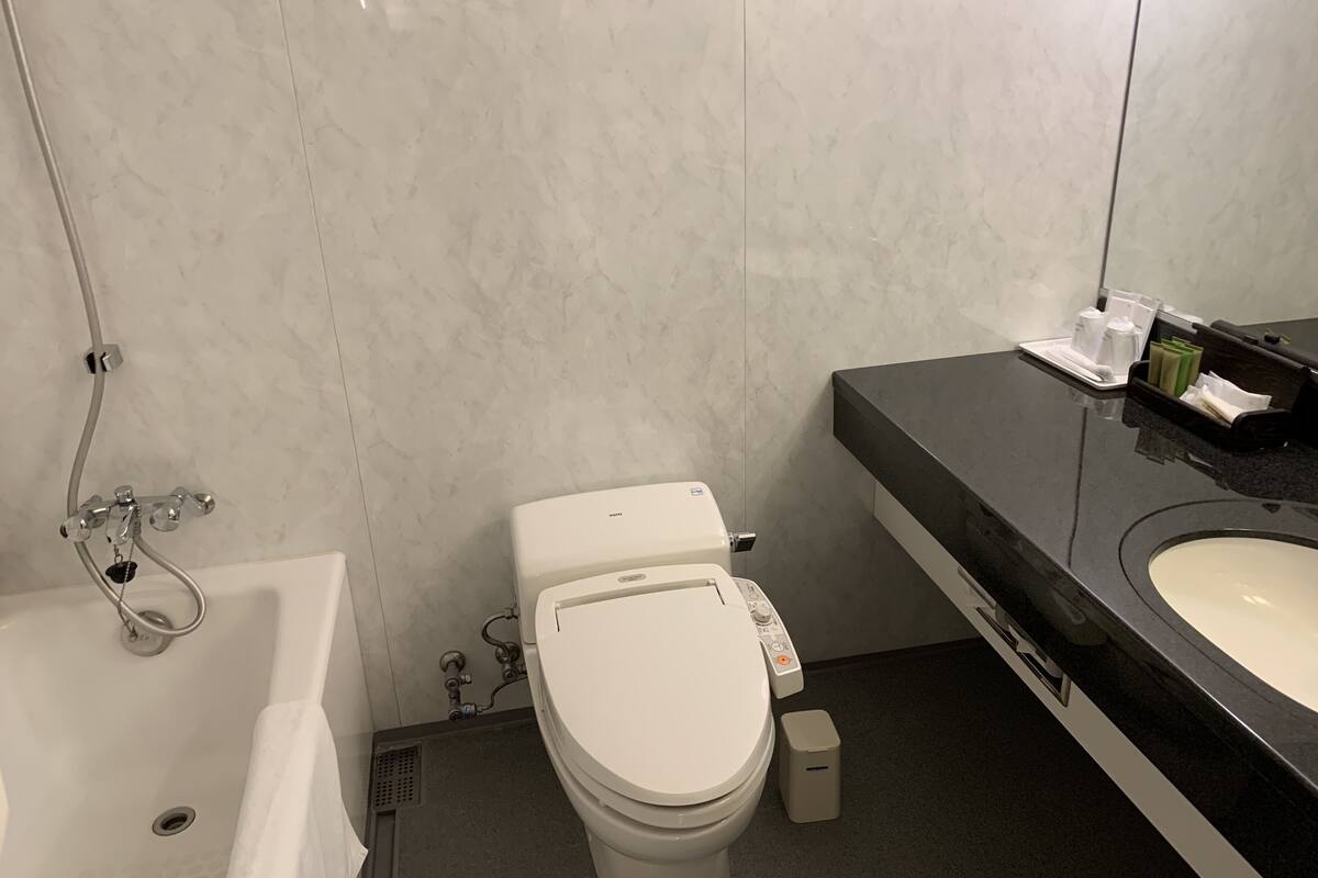 combined shower/bathtub, deep-soaking bathtub, free toiletries, slippers