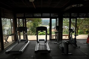 A gym with treadmills, a weight machine, and a stationary bike, overlooking a scenic outdoor area. - Vintage Cottage (Gishari)
