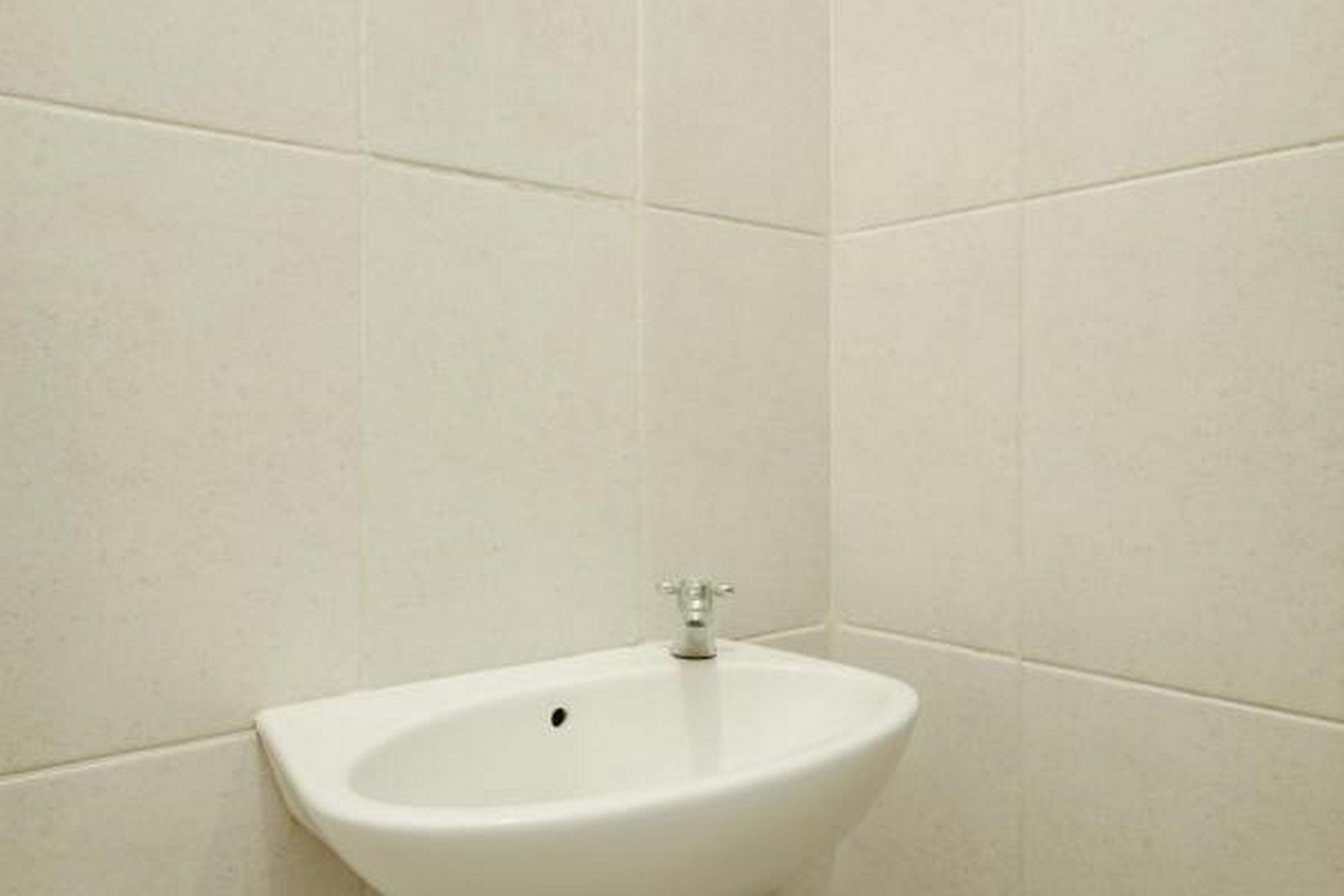 Un bidet blanc, adossé à un mur carrelé.