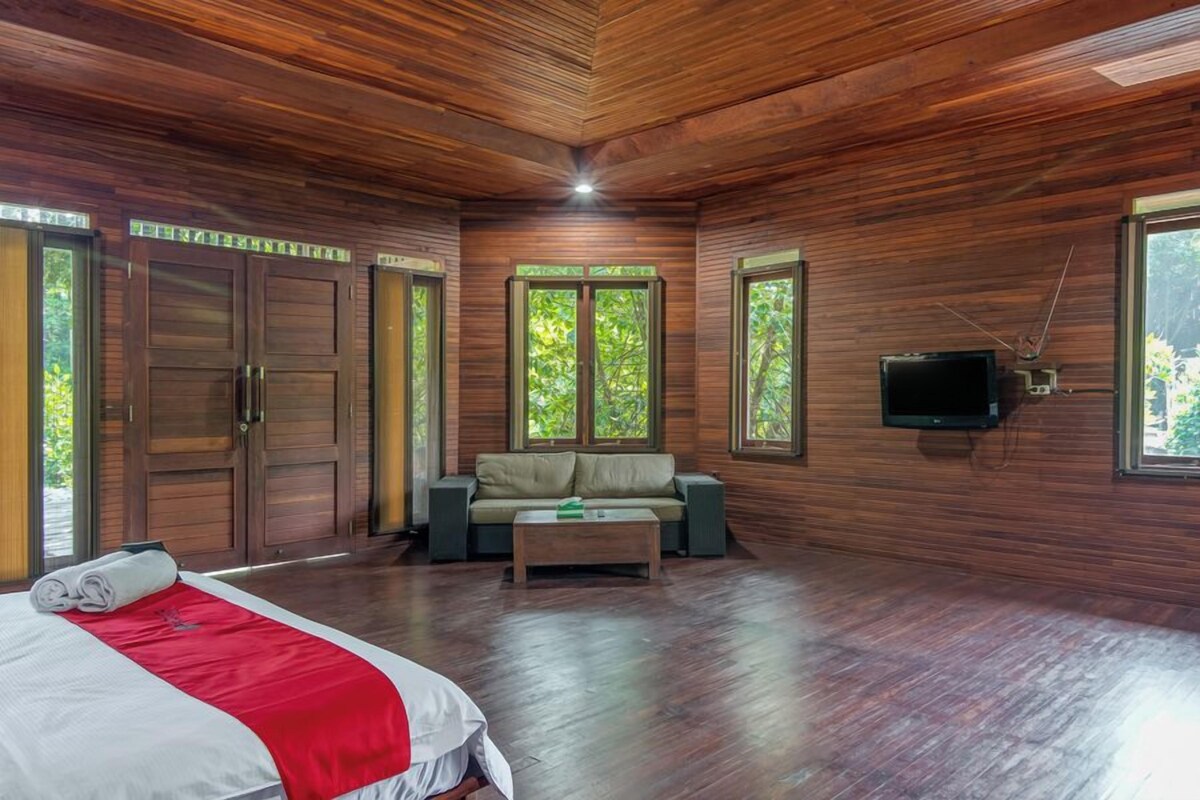 A wooden-paneled room with a bed, a sofa, a television, and large windows.