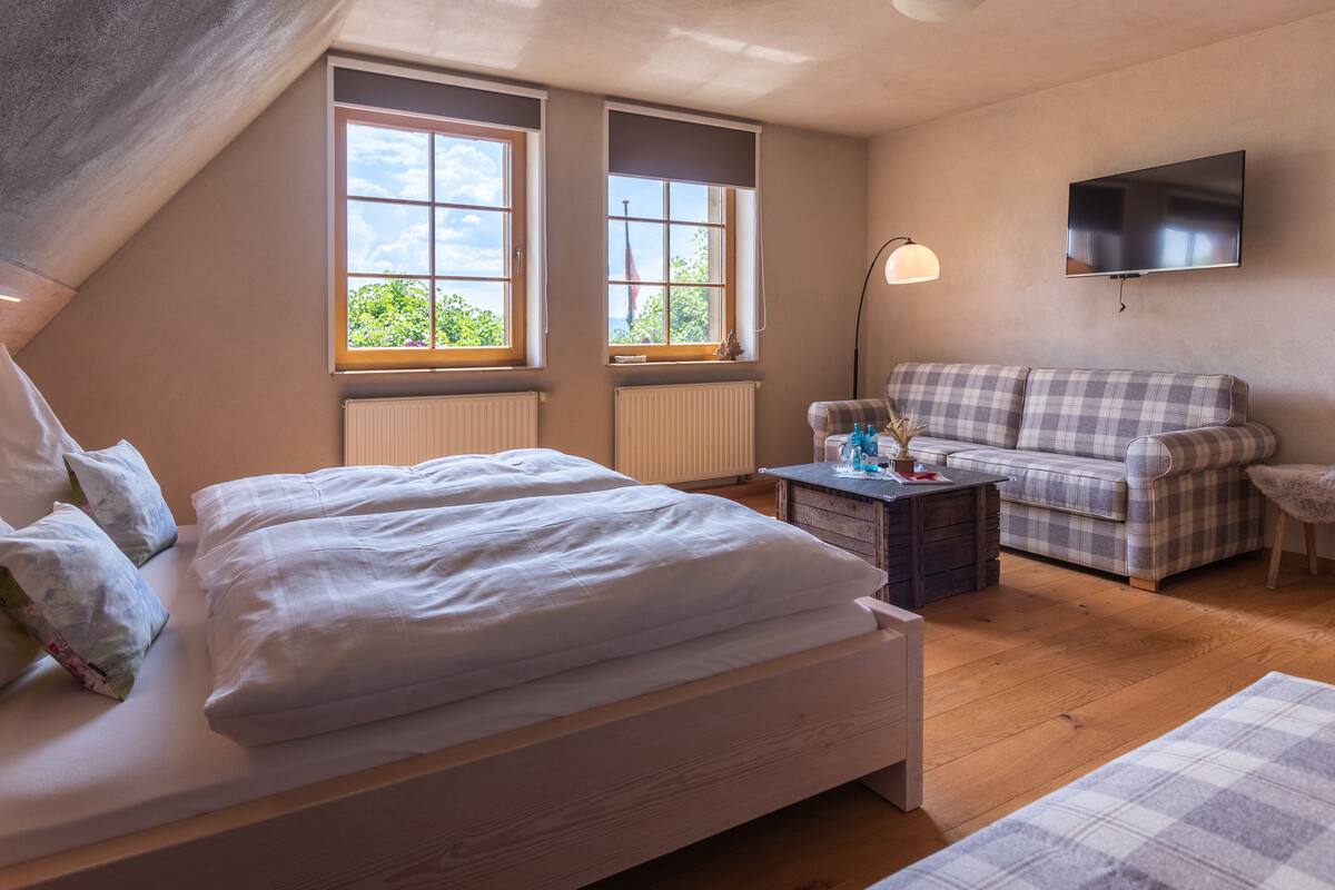 A bedroom with a bed, a sofa, a TV, and two windows with views of greenery.