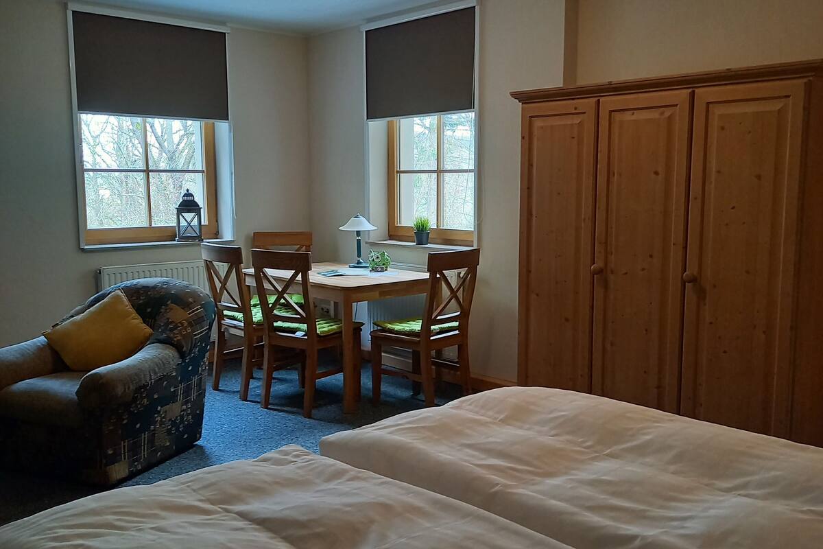 A room with a bed, a sofa, a table with chairs, a lamp, and a wardrobe.
