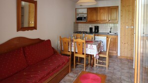 Een compacte woonruimte met een bank, eettafel, stoelen, een keuken met houten kasten en apparatuur, en een hanglamp.