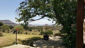 Un espacio exterior cercado con una parrilla, un árbol y vistas a colinas distantes.