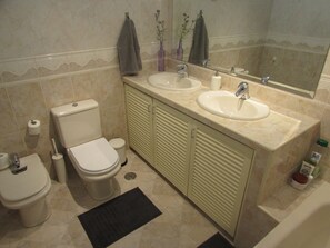 Combined shower/bathtub, free toiletries, soap, toilet paper