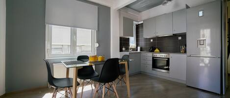 City Apartment, Terrace | Private kitchen | Full-size fridge, oven, stovetop, coffee/tea maker