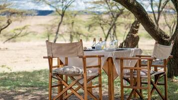 An outdoor dining setup with a table and chairs under a tree, surrounded by a natural landscape.