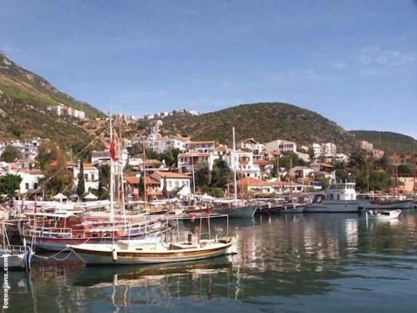A coastal town with boats docked at a marina, surrounded by hillside buildings.