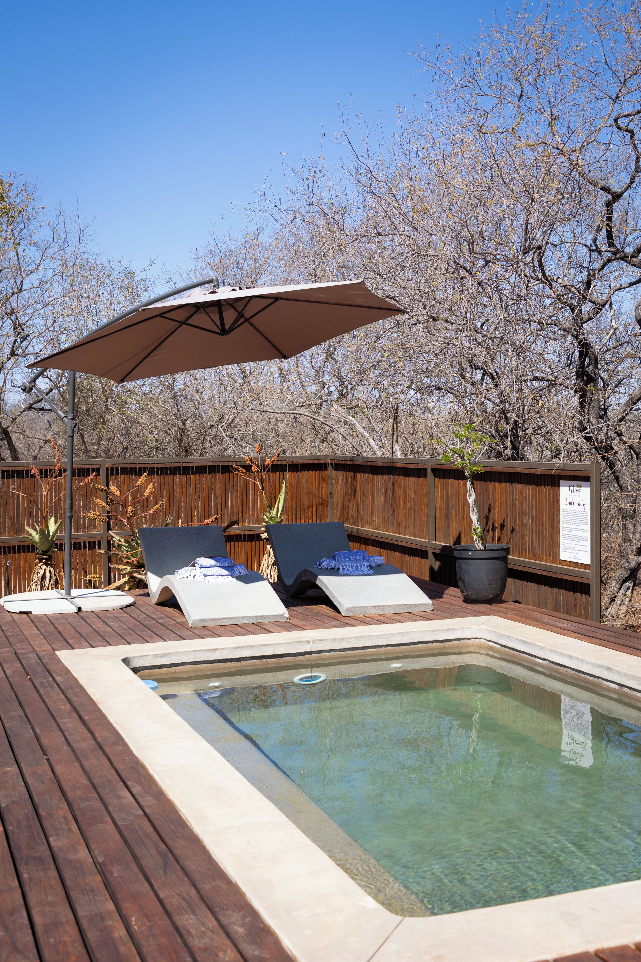 Alberca al aire libre y camastros 