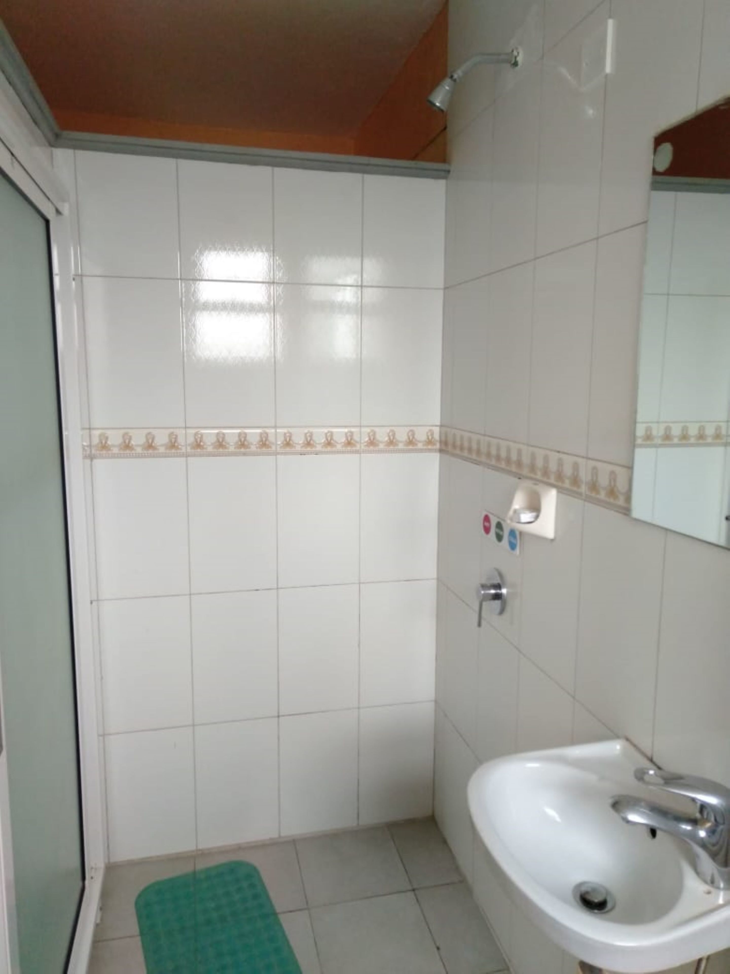 Un baño con baldosas blancas, una alfombra verde, un lavamanos y un espejo.