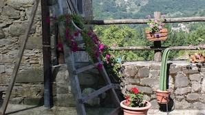 Un bâtiment en pierre avec une échelle en bois, des plantes en pot et une vue sur la campagne.
