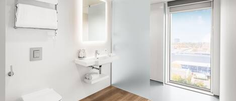 A modern bathroom with a toilet, a sink, and a mirror.