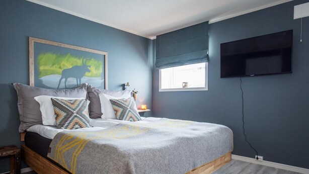 A bedroom with a bed, a painting, a window, and a TV. - 8 Seasons (Nesseby)