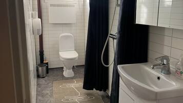 Une salle de bain avec des toilettes, un lavabo, une douche et une fenêtre.