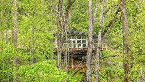 Una cabaña tipo casa en el árbol rodeada de un bosque frondoso.