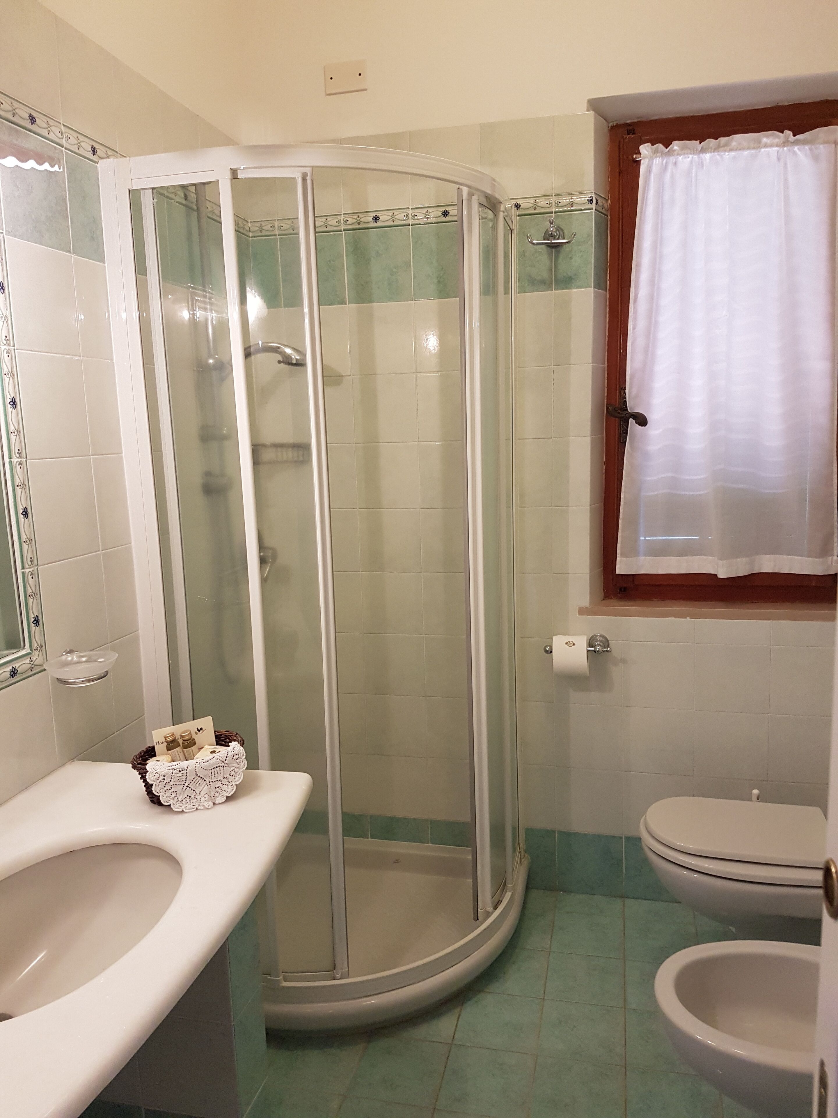 Un baño con ducha vidriada, inodoro y lavamanos.