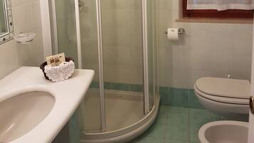 Un baño con ducha vidriada, inodoro y lavamanos.