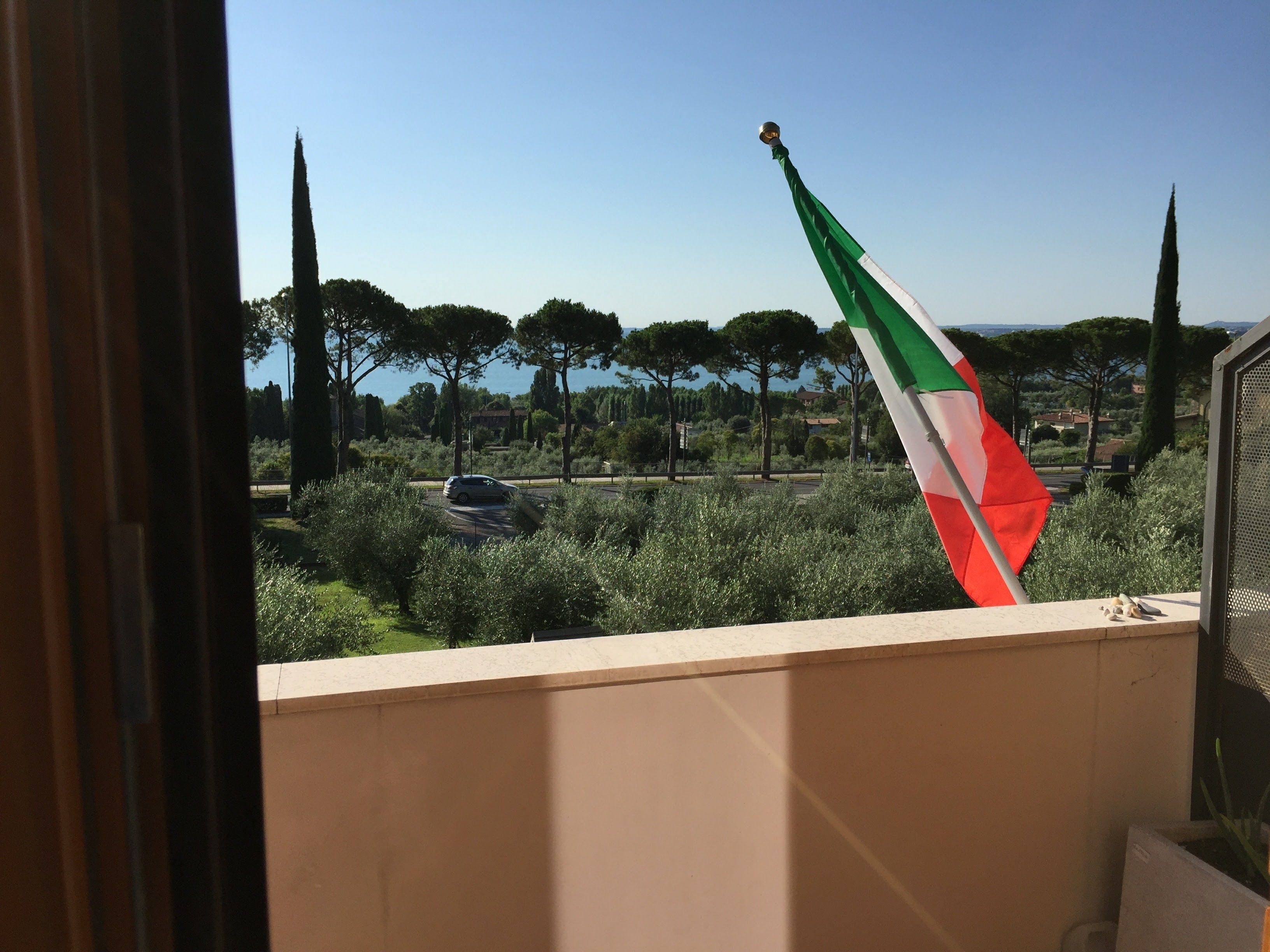 A balcony with a view of a road, trees, and a flag.