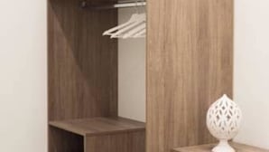 A wooden wardrobe with multiple shelves and a hanging rod. - Toledo one (Naples)