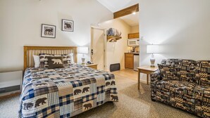 Une chambre comprenant un lit, un canapé, un bureau, une chaise, un luminaire suspendu, une porte et un coin cuisine.