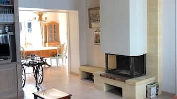 Télévision, cheminée, lecteur de DVD, livres