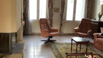 Télévision, cheminée, lecteur de DVD, livres