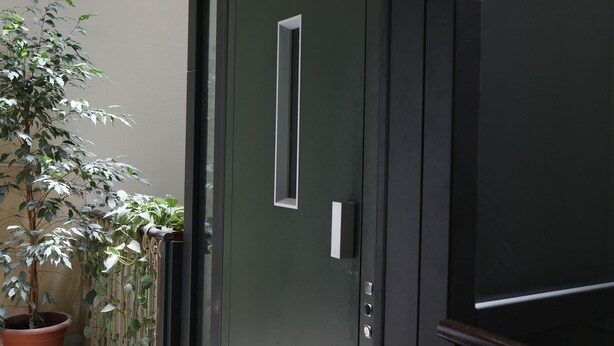 A dark-colored door with a rectangular window, a potted plant to the left, and a metal railing to the right.