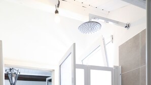 A modern bathroom with a glass shower enclosure, a visible kitchen area in the background, and a door leading to another room.