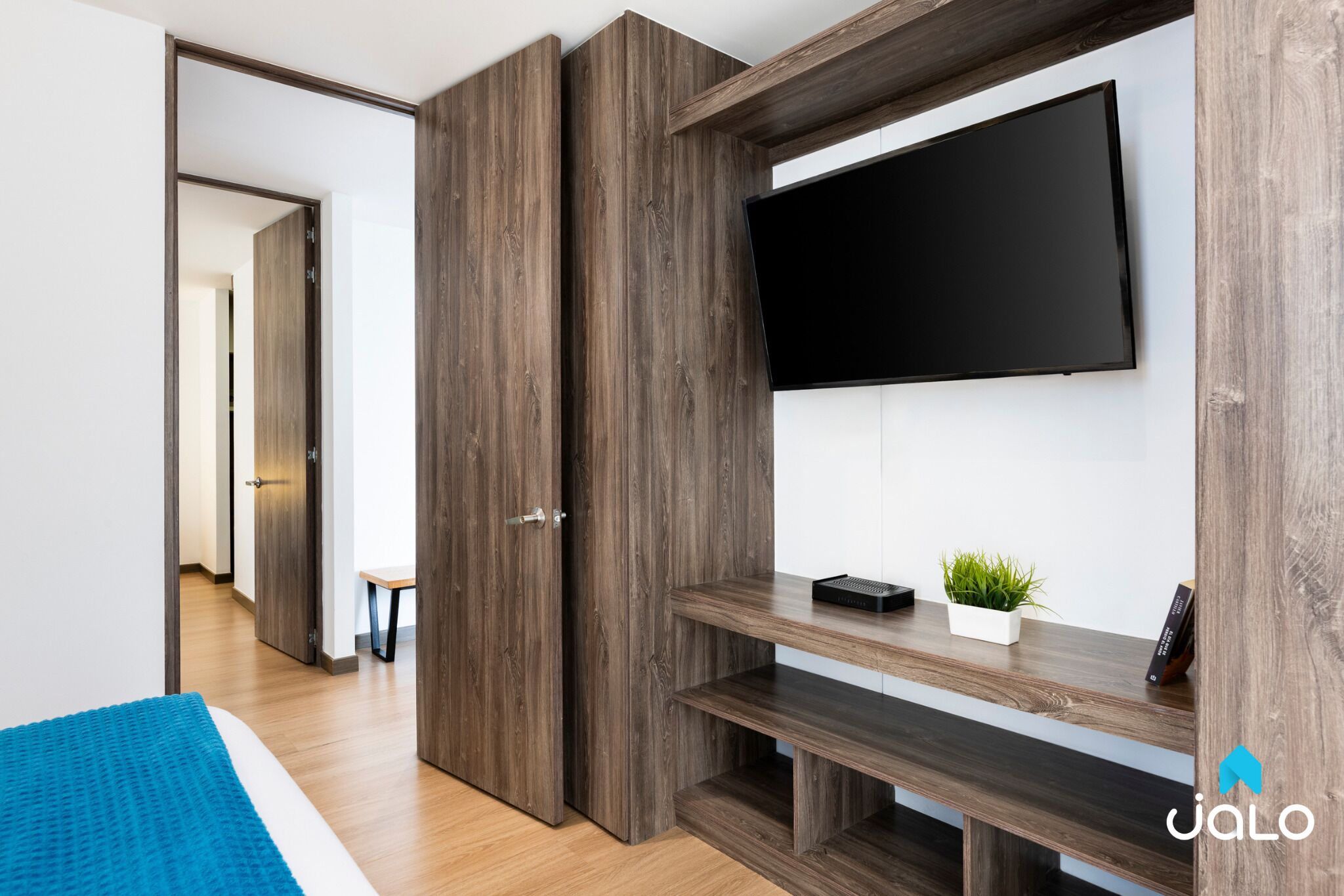 A modern hotel room with a large TV mounted on the wall, wooden furniture, and a small plant on the side table.