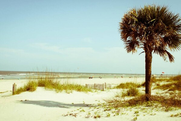 On the beach, sun-loungers, beach towels