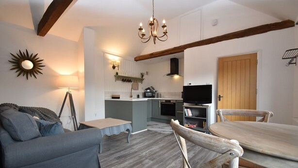 A cozy living room with a sofa, a dining table, and a wooden chair. A kitchen with a stove, oven, and a TV is visible in the background. - Daisy (Rye)