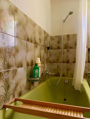 Combined shower/tub, hair dryer, towels, soap