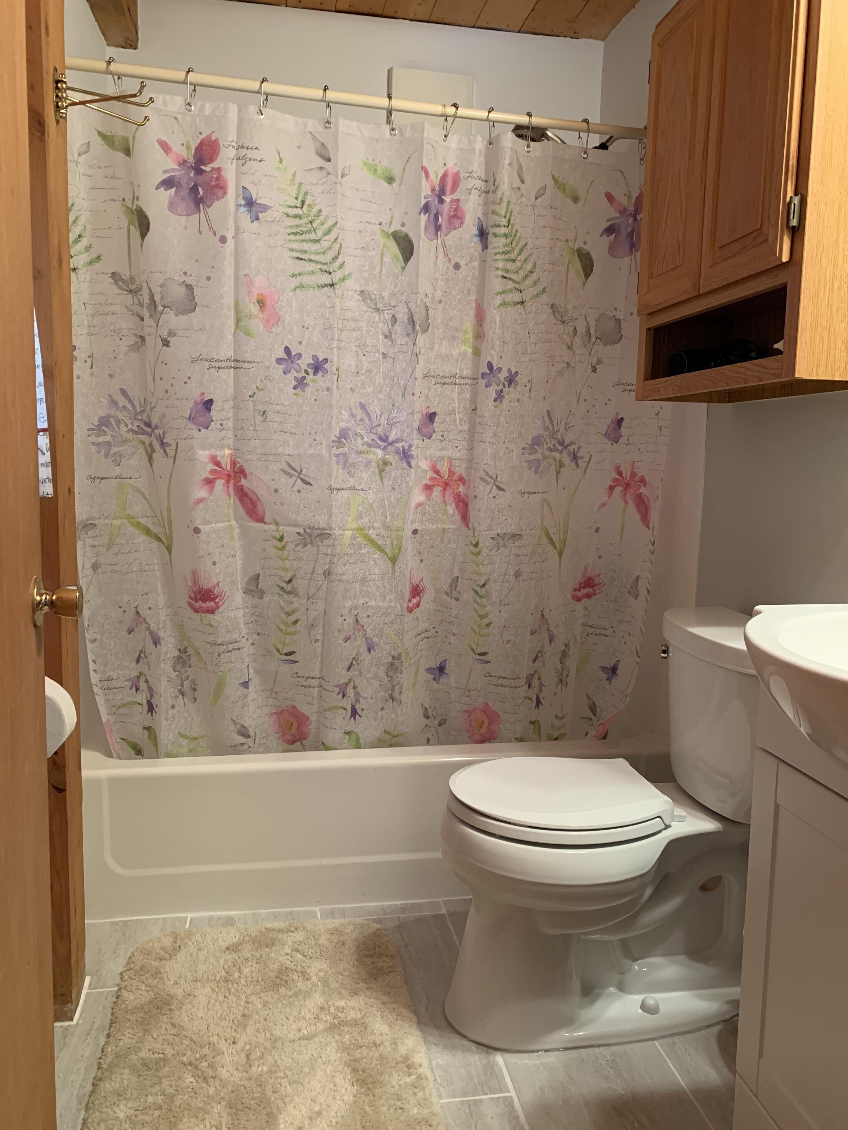Une salle de bain avec un rideau de douche à motifs floraux, des toilettes et un lavabo.
