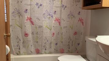 Une salle de bain avec un rideau de douche à motifs floraux, des toilettes et un lavabo.