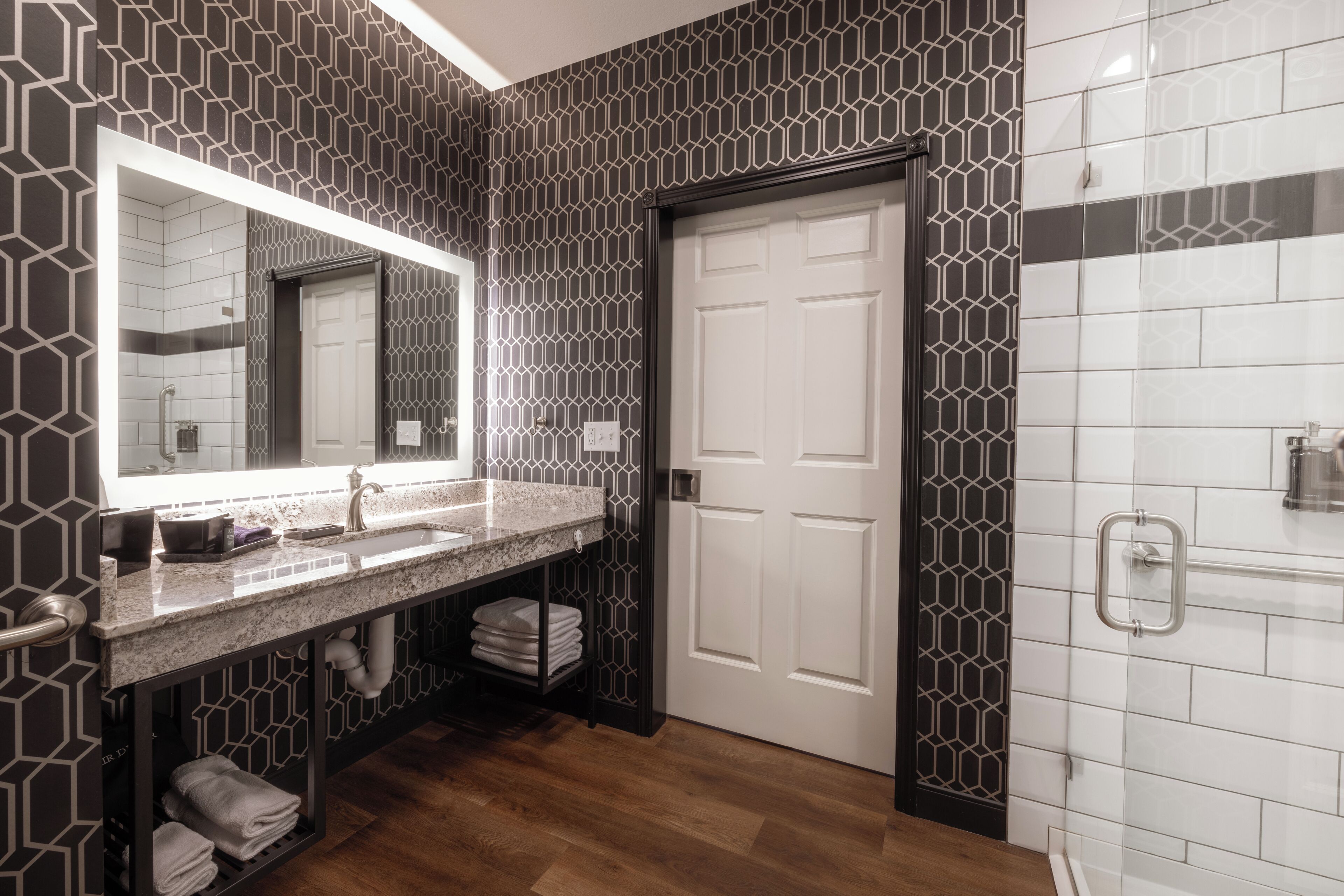 shower, rainfall showerhead, designer toiletries, hair dryer