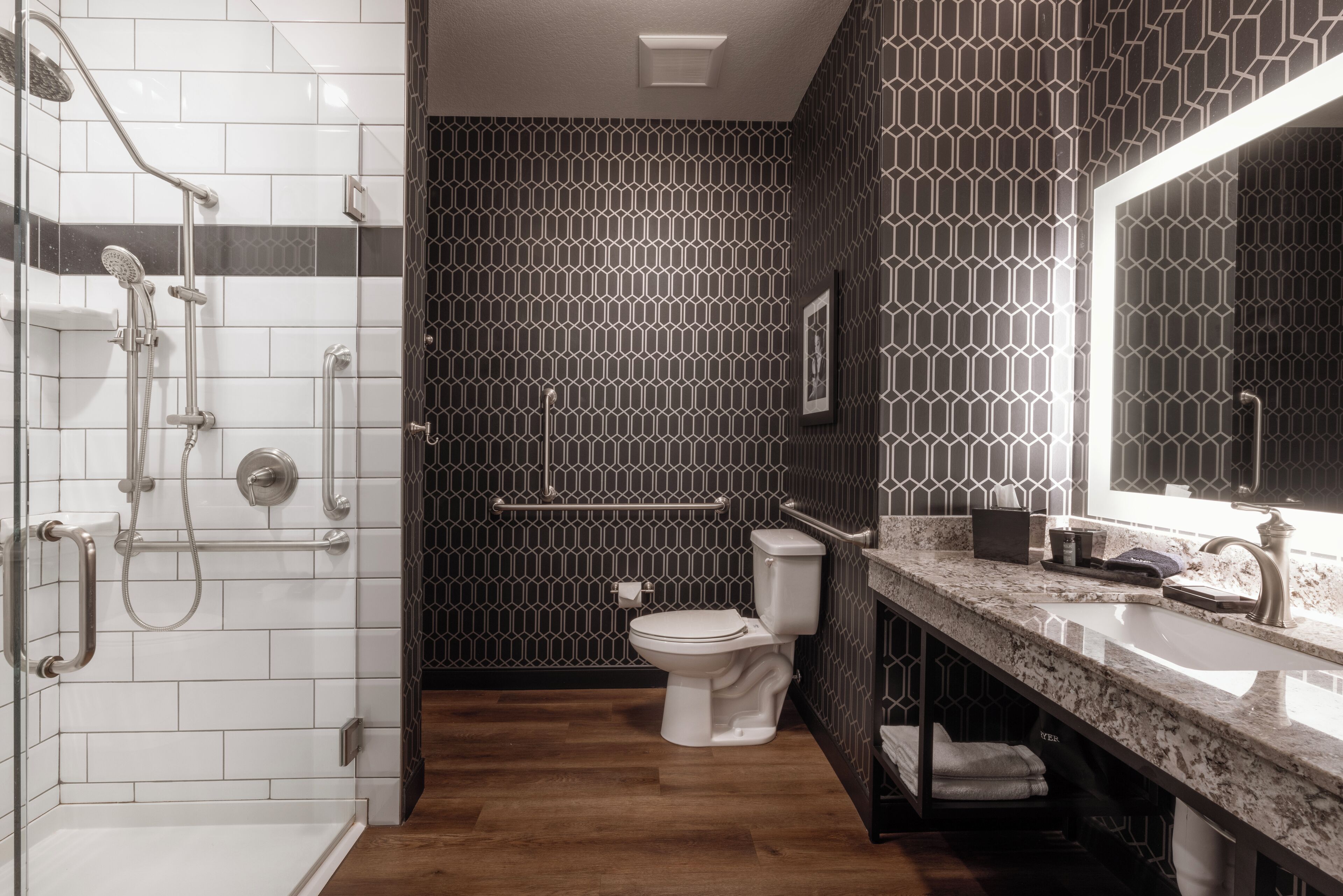 shower, rainfall showerhead, designer toiletries, hair dryer