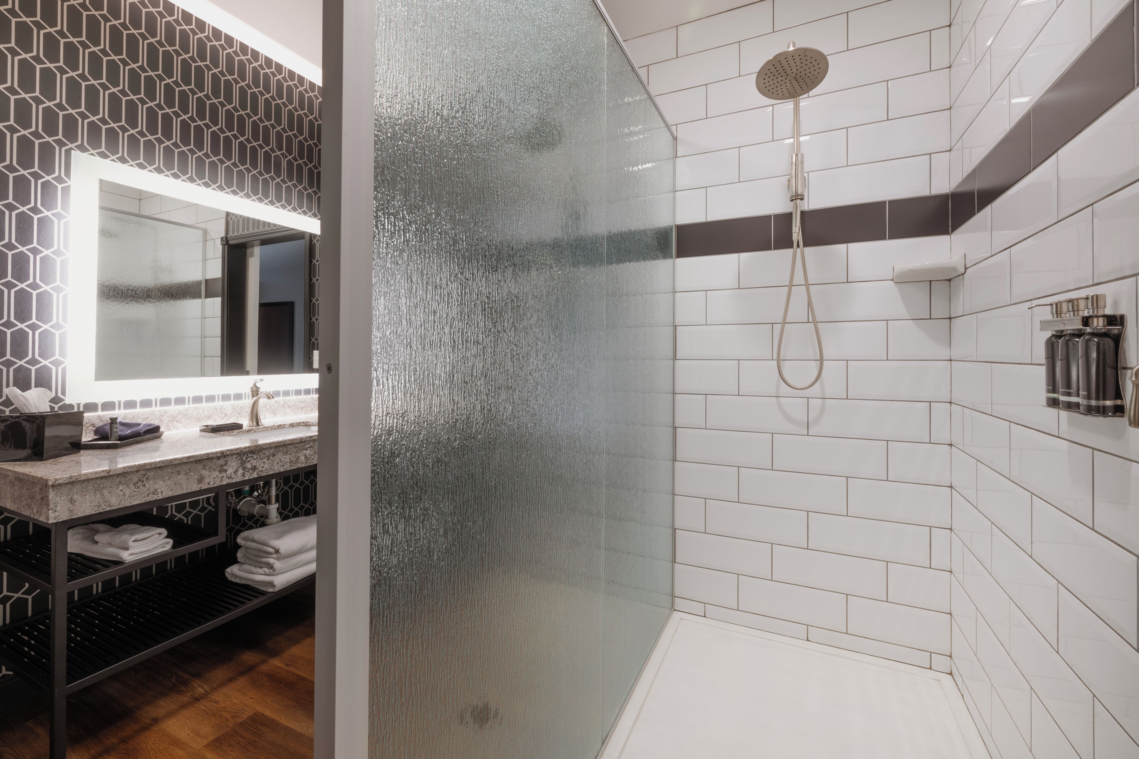 shower, rainfall showerhead, designer toiletries, hair dryer