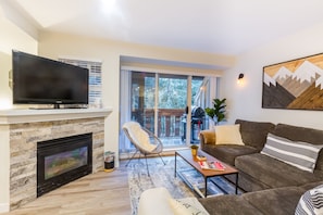 Living room sofa bed sleeps 2 comfortably and River Stone Fireplace.