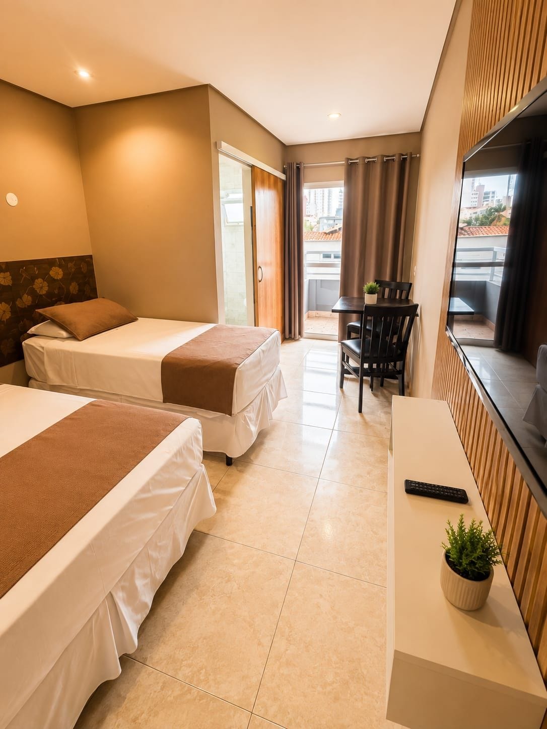 A hotel room with two beds, a desk, a chair, and a balcony with curtains.